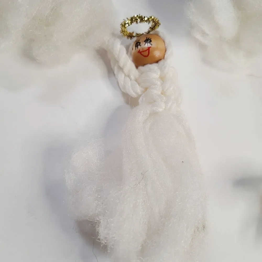 Vintage Macrame Wood Fluffy Angel Ornament Lot of 6